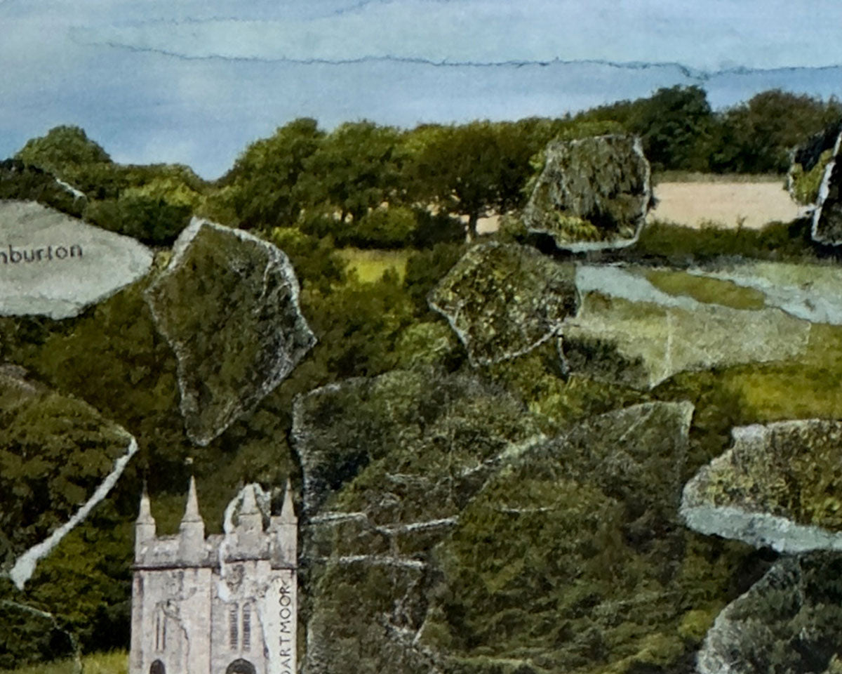 Detail of an original landscape art collage of Ashburton, a town close to Dartmoor National Park in Devon by Glen Middleham, of The Jam Gallery
