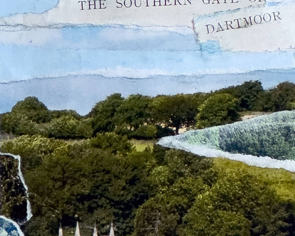 Detail of an original framed collage of the town of Ashburton, Dartmoor National Park and featuring St Andrew's Church