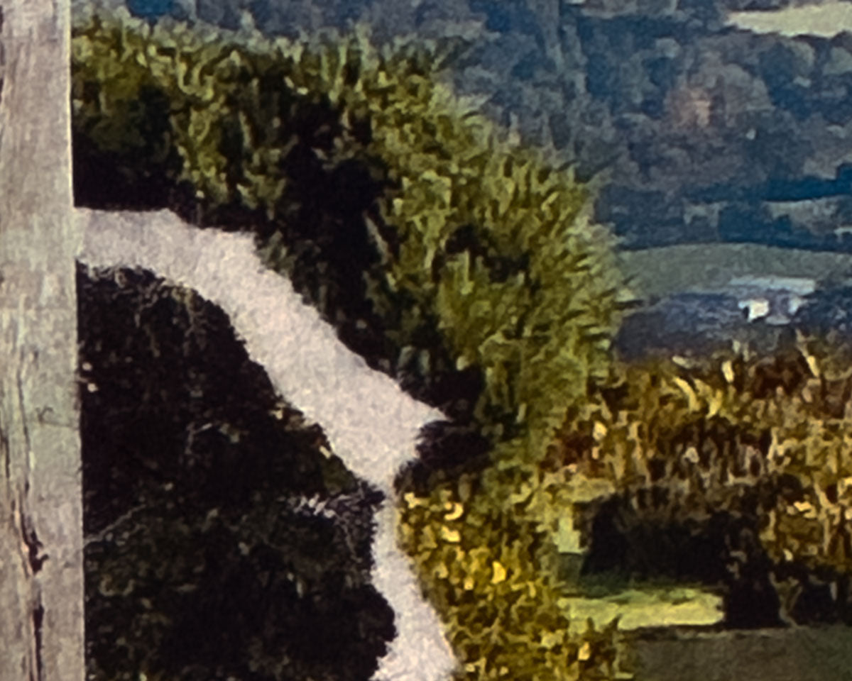 Detail of a collage artwork of a landscape of Dartmoor National Park with a signpost to the town of Ashburton