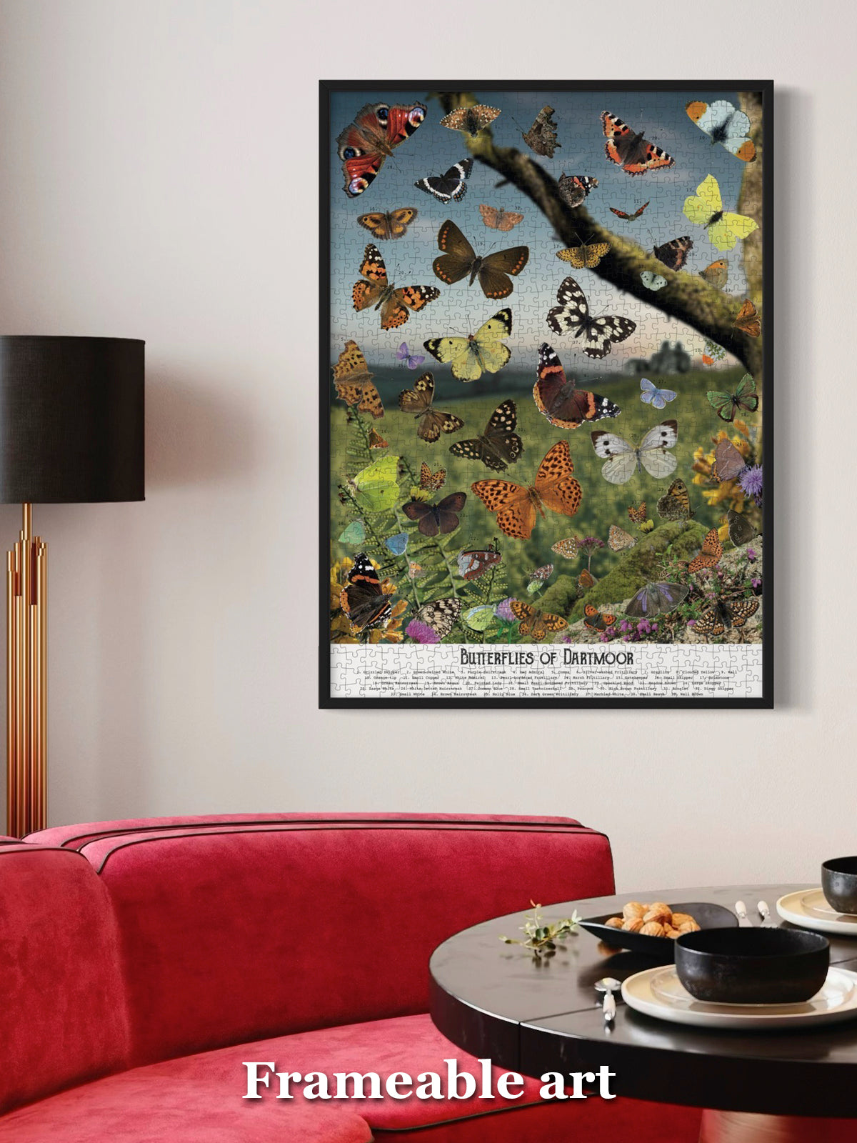 Completed and framed Butterflies of Dartmoor National Park jigsaw puzzle hanging in a lounge