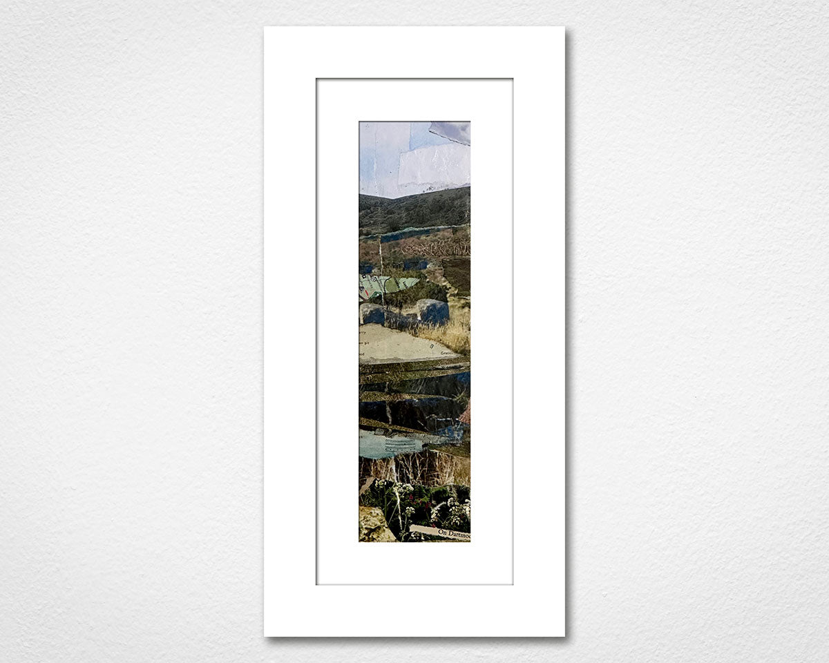 Framed landscape collage of Dartmoor National Park in Devon on a white wall.