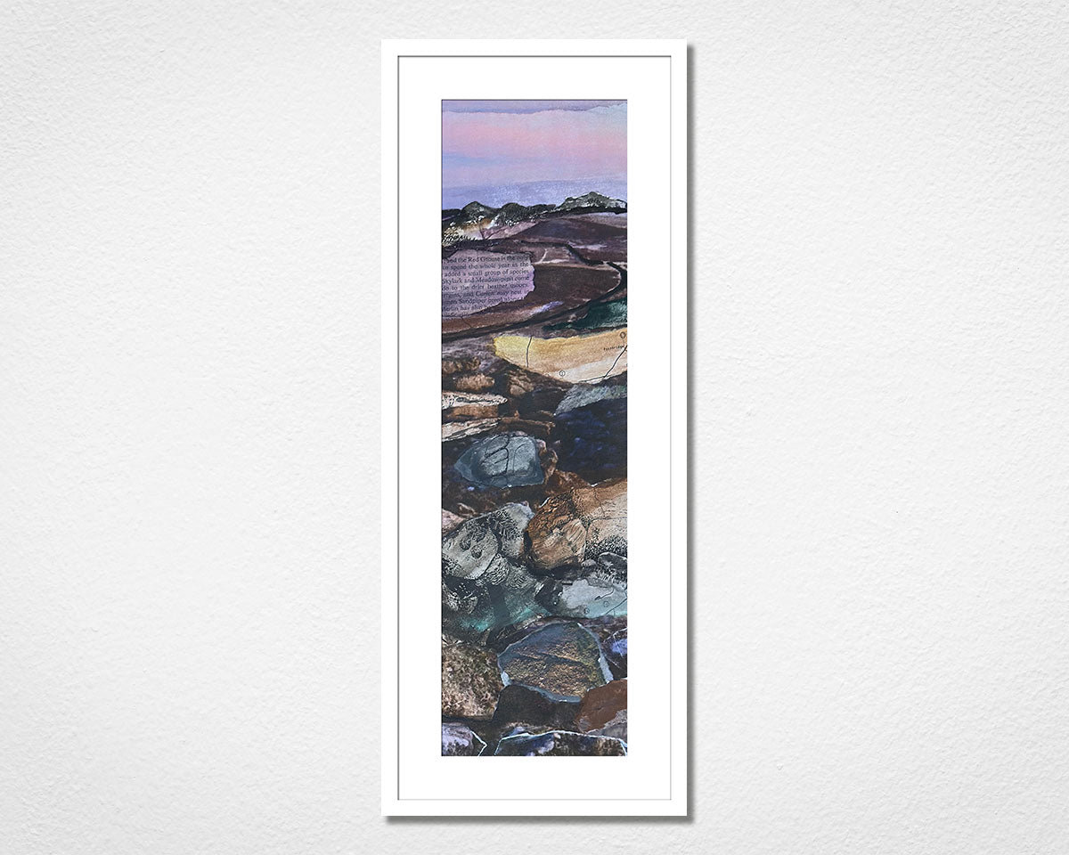 Framed landscape collage of Dartmoor National Park in Devon on a white wall.
