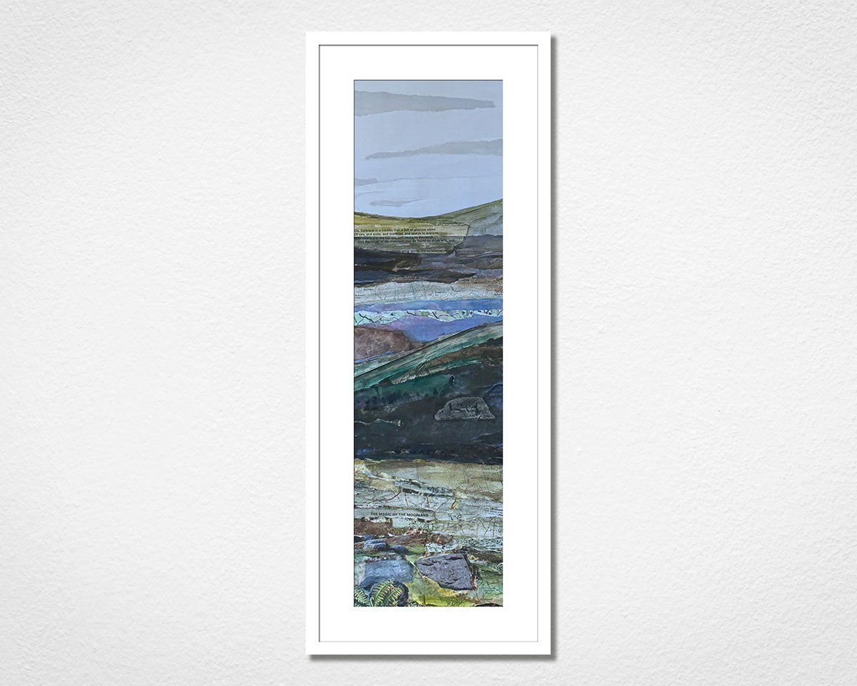 Framed landscape collage of Dartmoor National Park in Devon on a white wall.