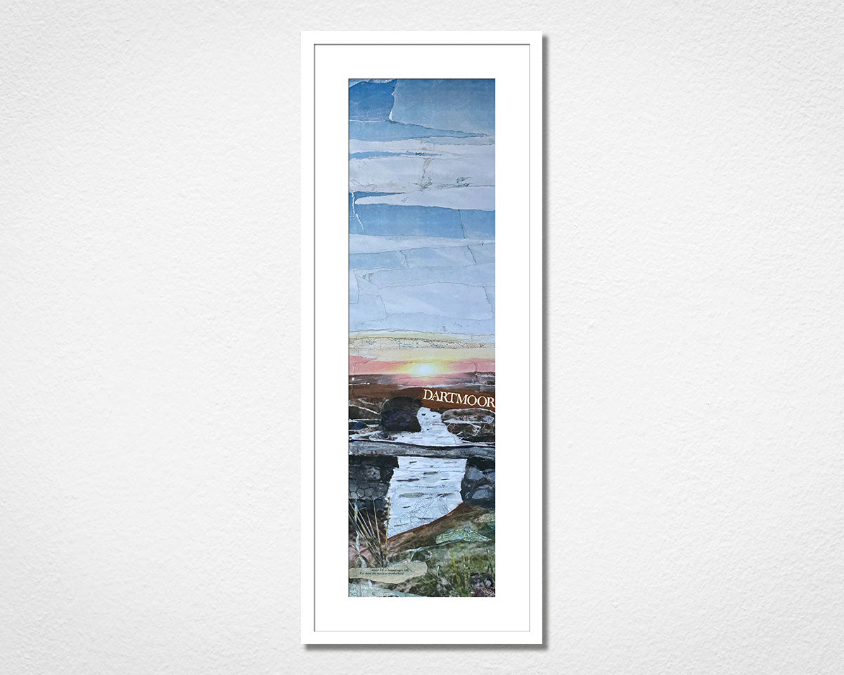 Framed landscape collage of Dartmoor National Park in Devon on a white wall.