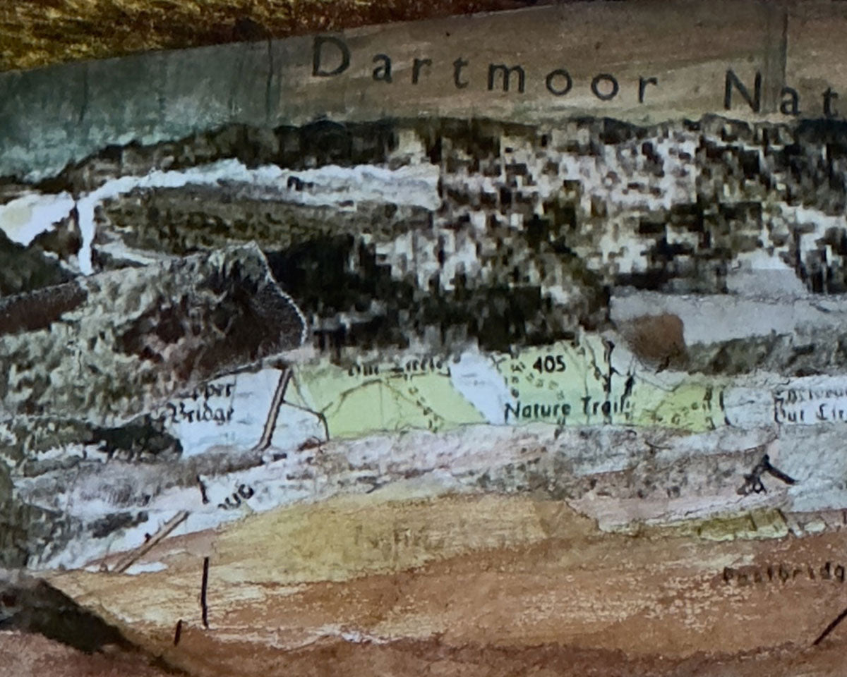 Detail of an original landscape art collage inspired by Dartmoor National Park in Devon