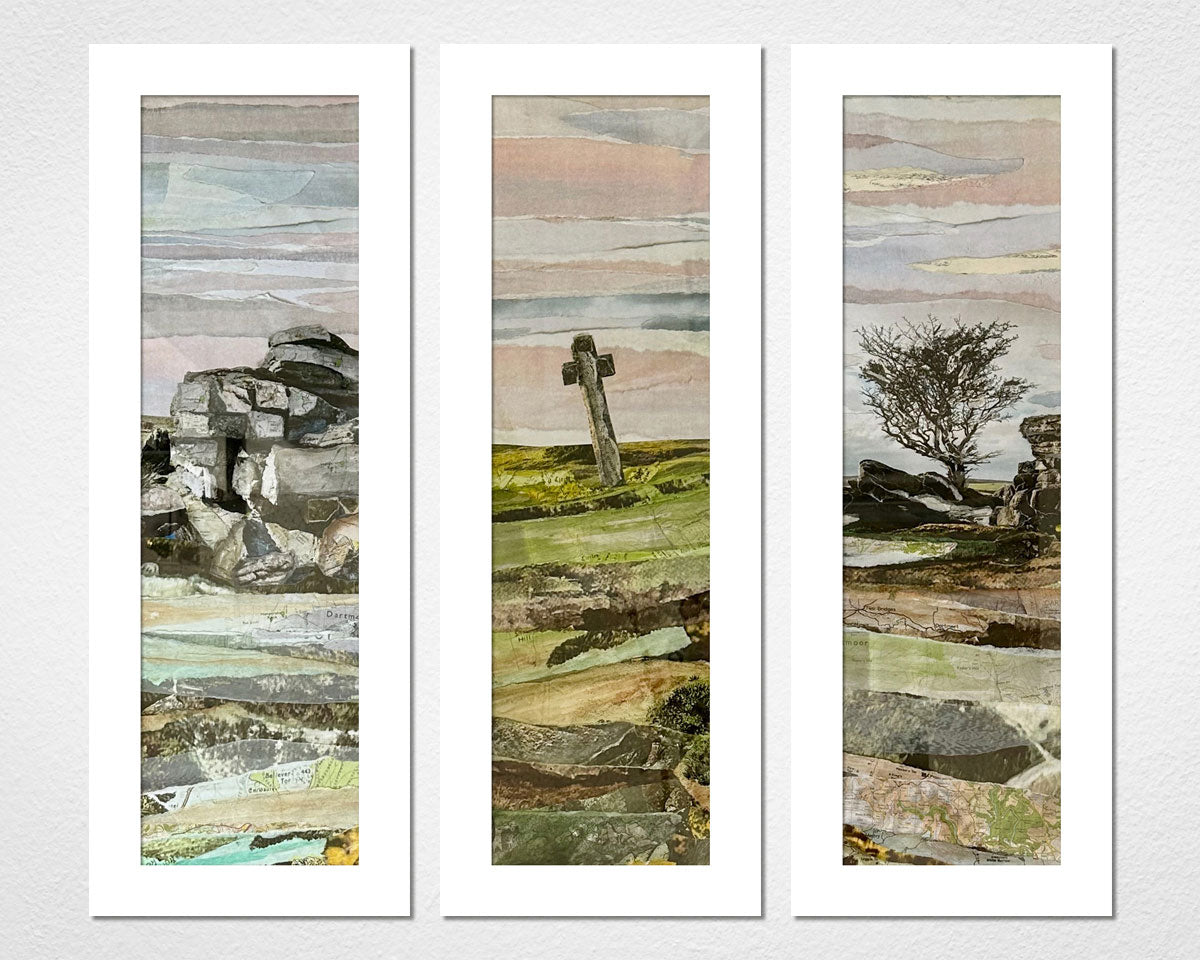 Commissioned Dartmoor collage triptych by Glen Middleham, mixed media artwork with vintage maps, watercolour washes and bespoke framing