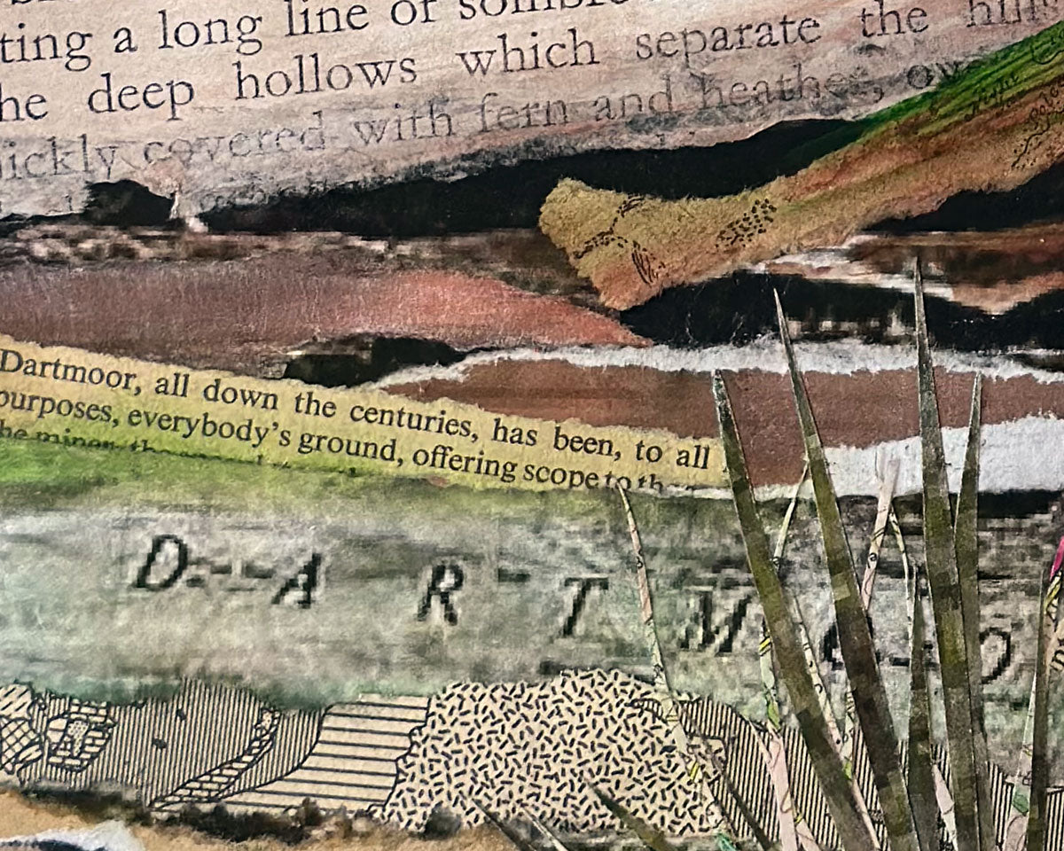 Detail of an original framed art collage of Dartmoor National Park in Devon