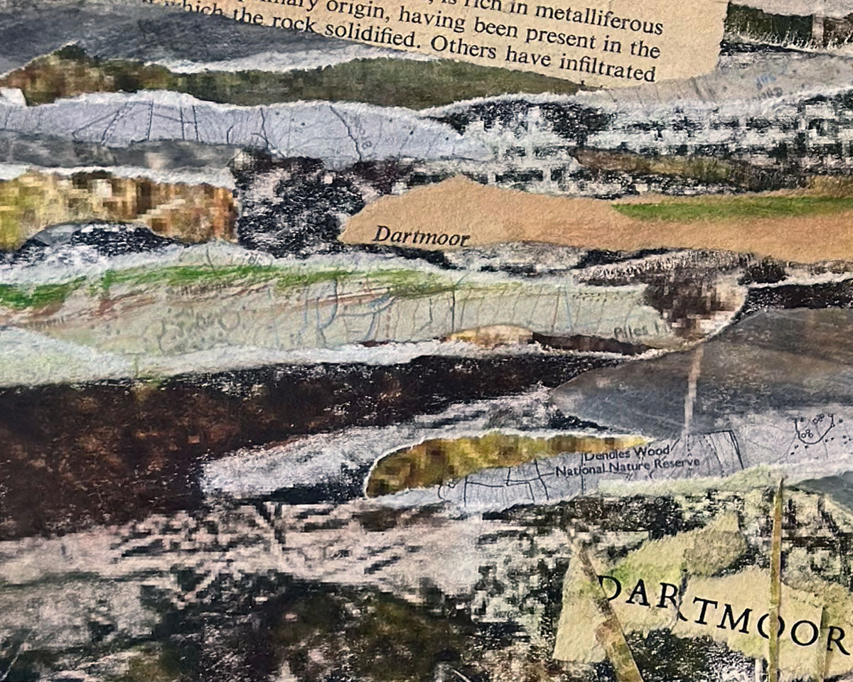 Detail of a collage with text and images of Dartmoor, featuring natural landscapes and geological information.