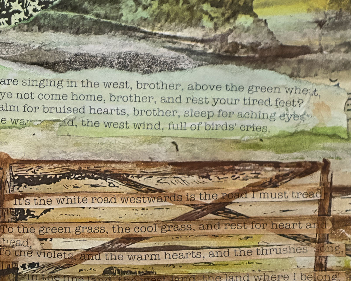 Detail of the original Dartmoor National Park Collage art by Glen Middleham featuring The West Wind poem by John Masefield