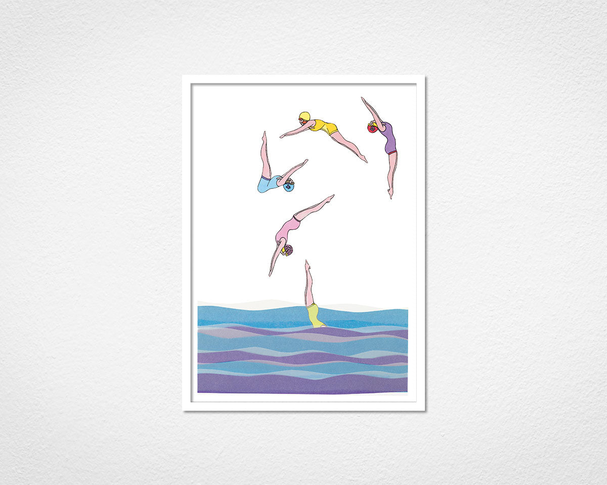 Vintage Divers - image of framed print by Glen Middleham in white frame