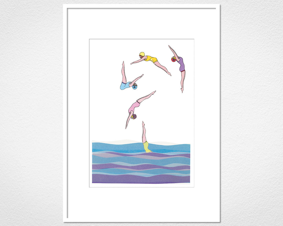Vintage Divers - image of mounted print by Glen Middleham in white frame