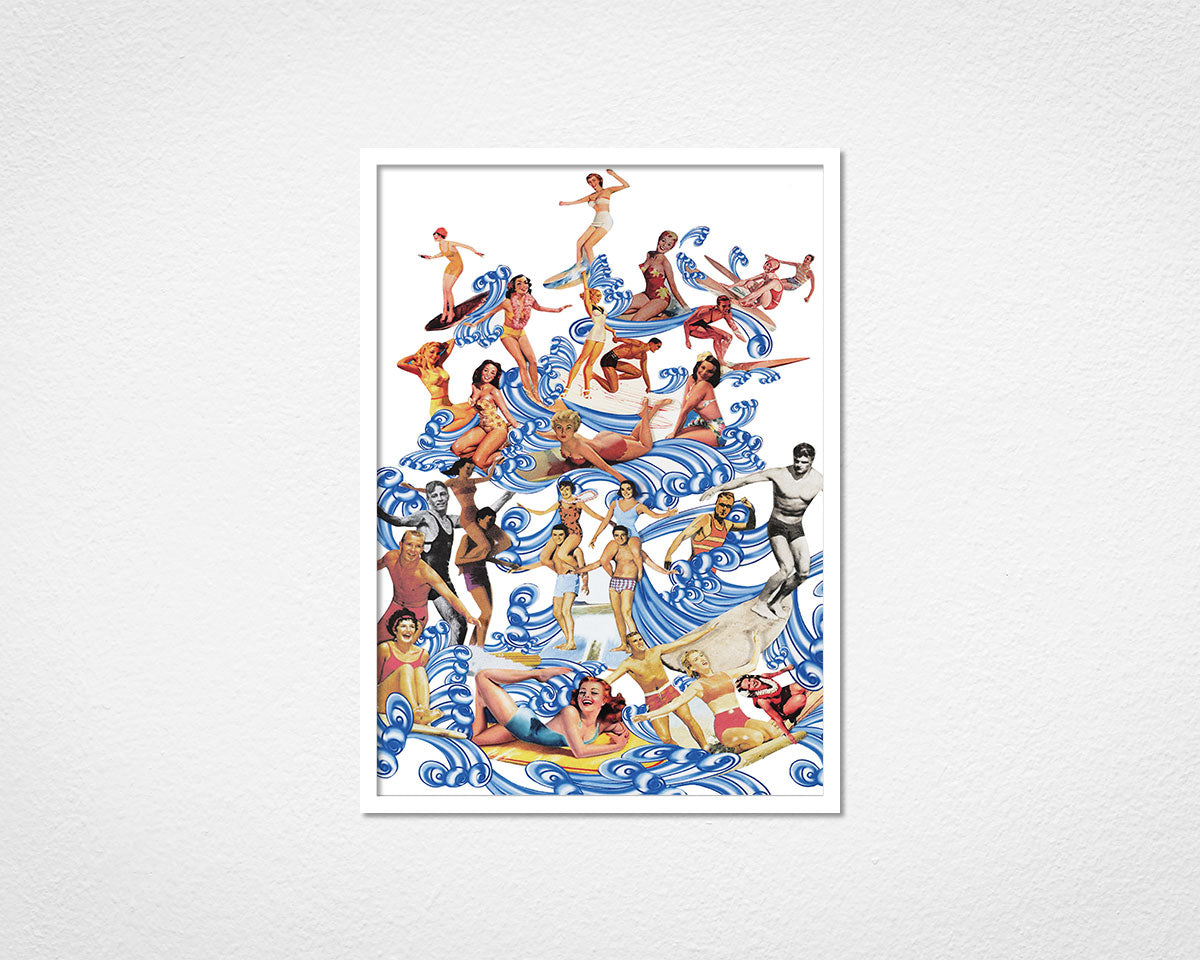 Vintage Surfers - image of framed print by Glen Middleham in white frame