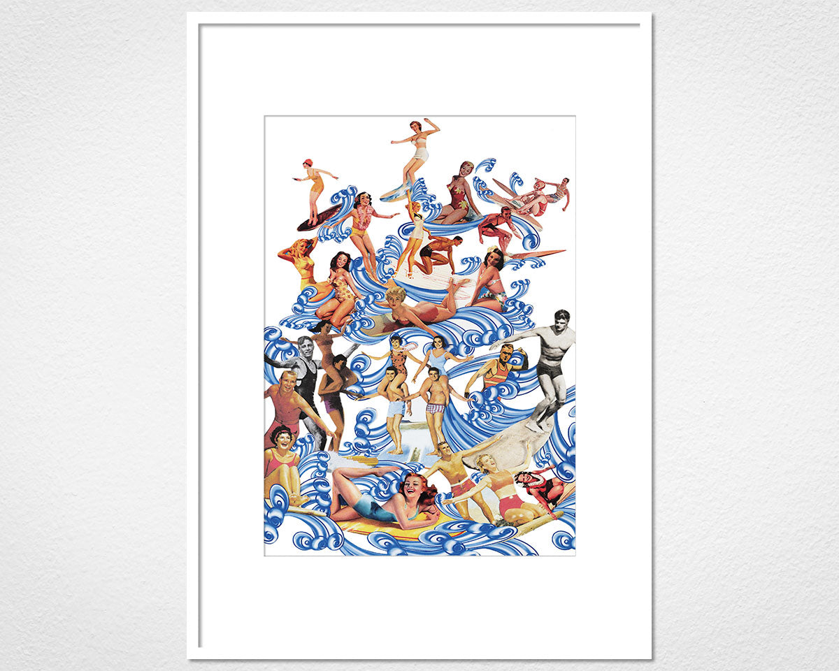 Vintage Surfers - image of mounted print by Glen Middleham in white frame