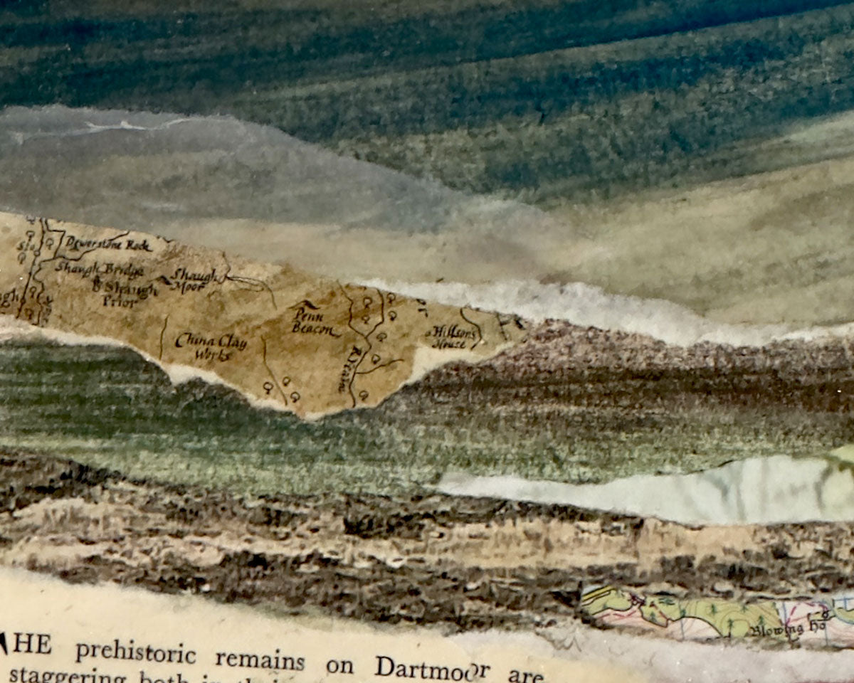 Detail of A View of Dartmoor collage artwork by Glen Middleham, mixed media Dartmoor landscape on wood with vintage literature and watercolour