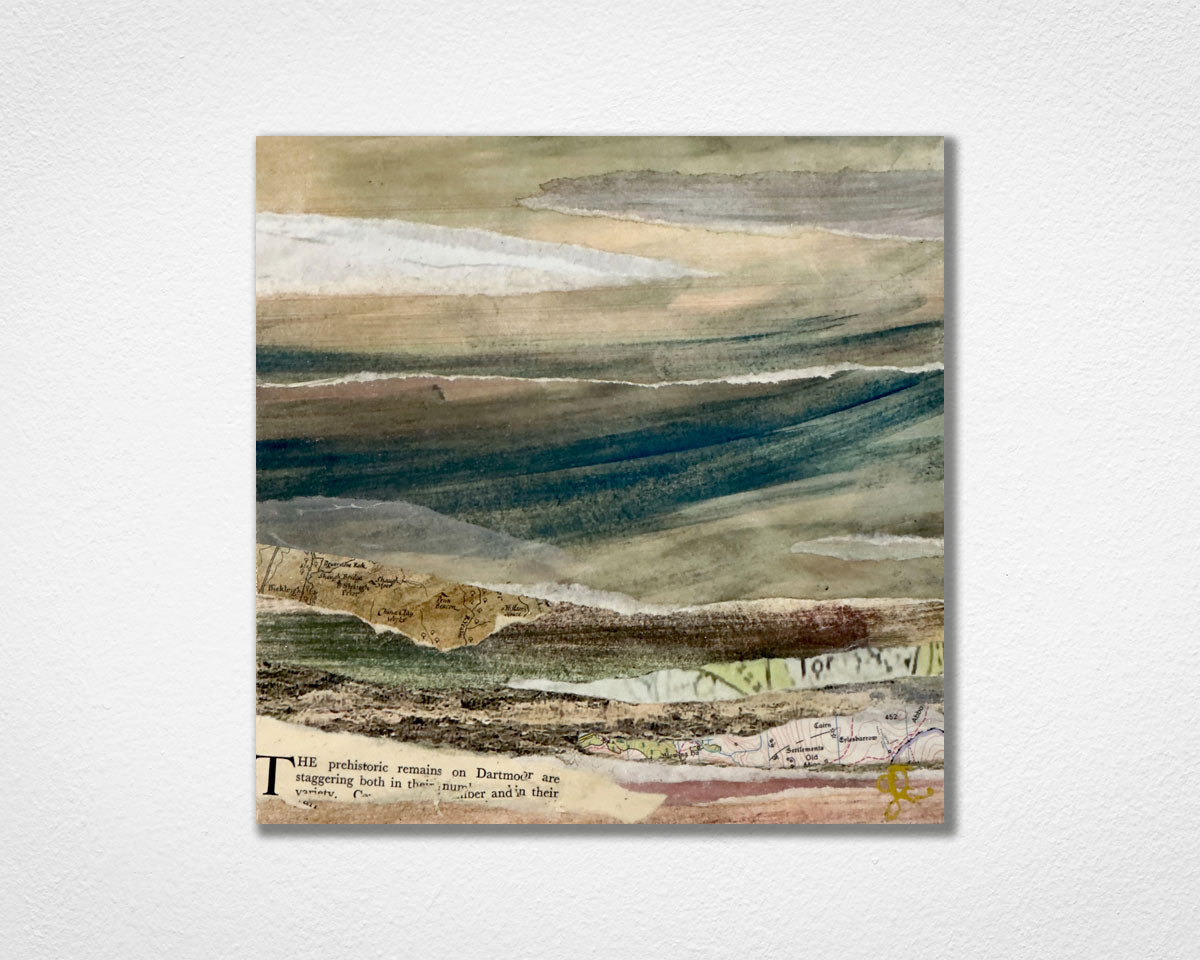 A View of Dartmoor collage artwork by Glen Middleham, mixed media Dartmoor landscape on wood with vintage literature and watercolour
