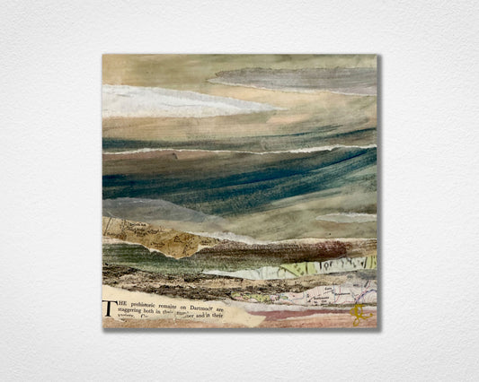 A View of Dartmoor collage artwork by Glen Middleham, mixed media Dartmoor landscape on wood with vintage literature and watercolour