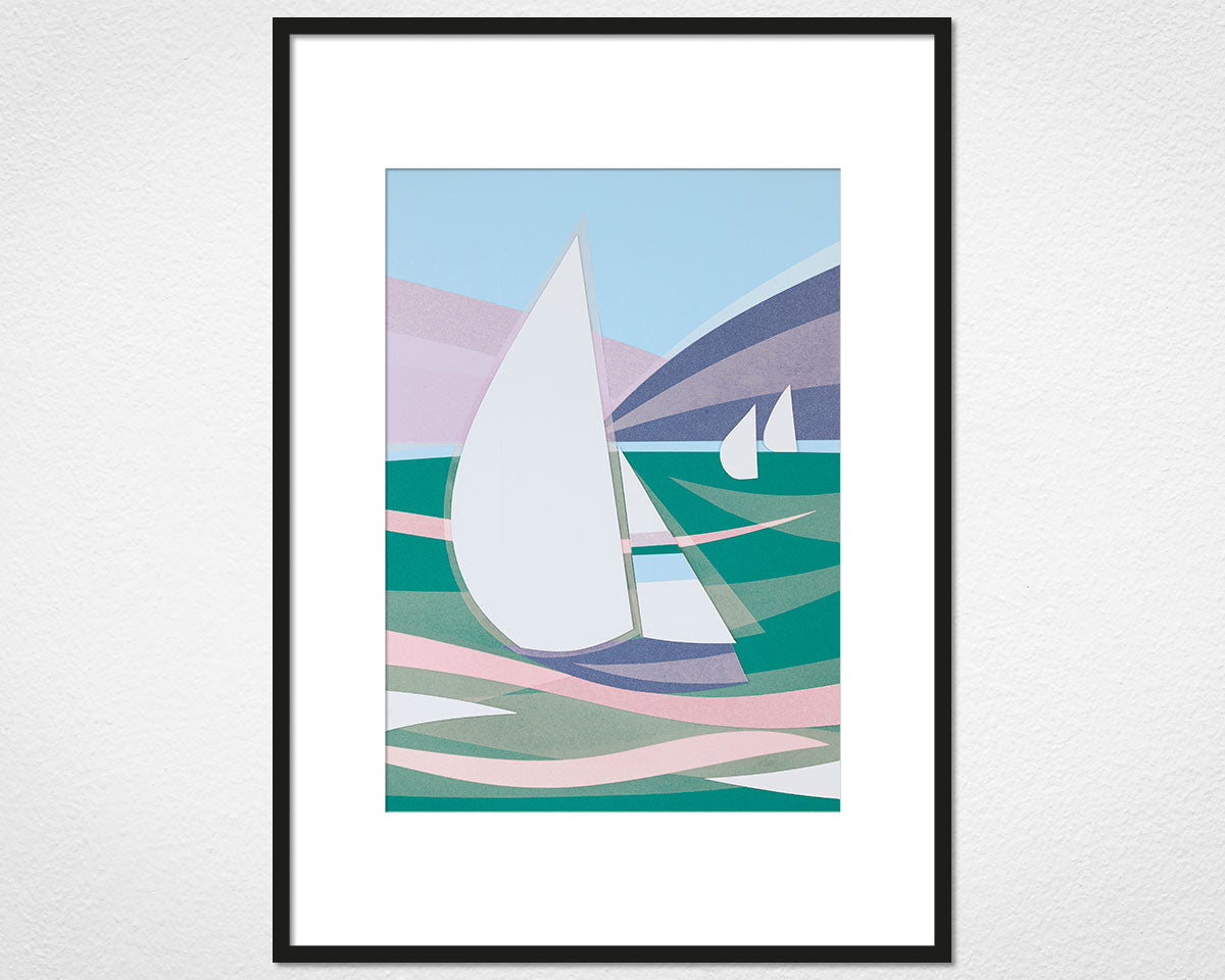 Art Deco Boats (Green)- image of mounted print by Glen Middleham in black frame