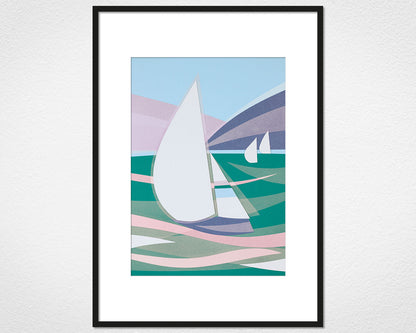 Art Deco Boats (Green)- image of mounted print by Glen Middleham in black frame