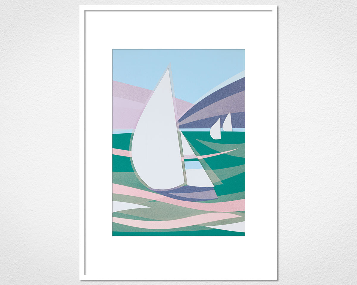Art Deco Boats (Green) - image of mounted print by Glen Middleham in white frame