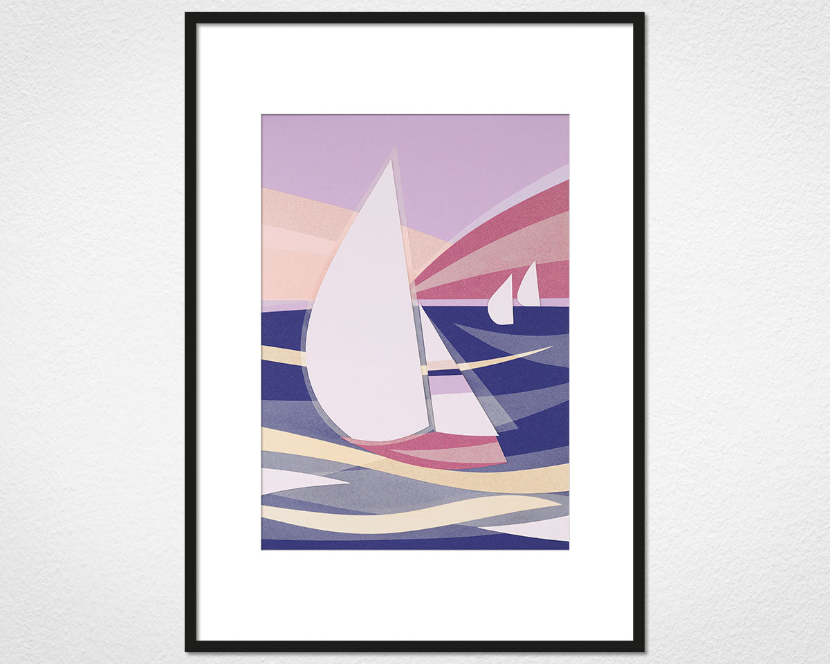 Art Deco Boats (Purple) - image of mounted print by Glen Middleham in black frame