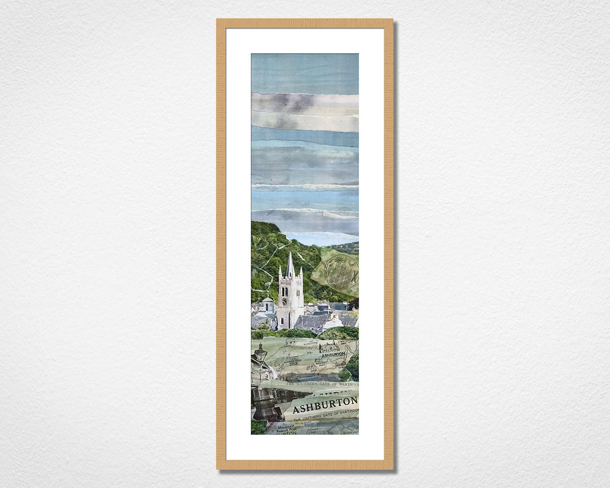 Framed landscape collage of Ashburton, a town close to Dartmoor National Park in Devon. 