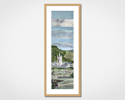 Framed landscape collage of Ashburton, a town close to Dartmoor National Park in Devon. 