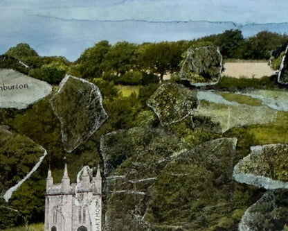 Detail of an original landscape art collage of Ashburton, a town close to Dartmoor National Park in Devon by Glen Middleham, of The Jam Gallery