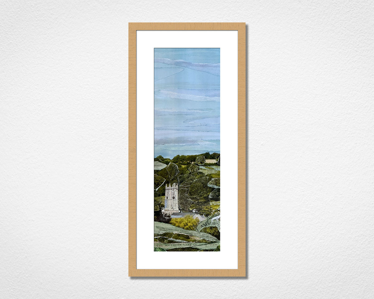 Original landscape art collage of Ashburton, a town close to Dartmoor National Park in Devon in a light oak frame on a white wall
