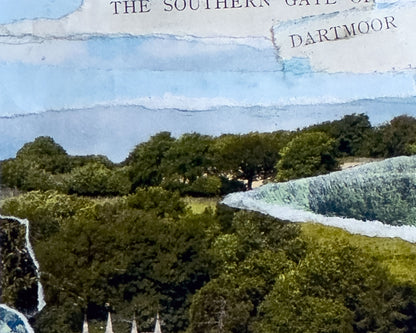 Detail of an original framed collage of the town of Ashburton, Dartmoor National Park and featuring St Andrew's Church