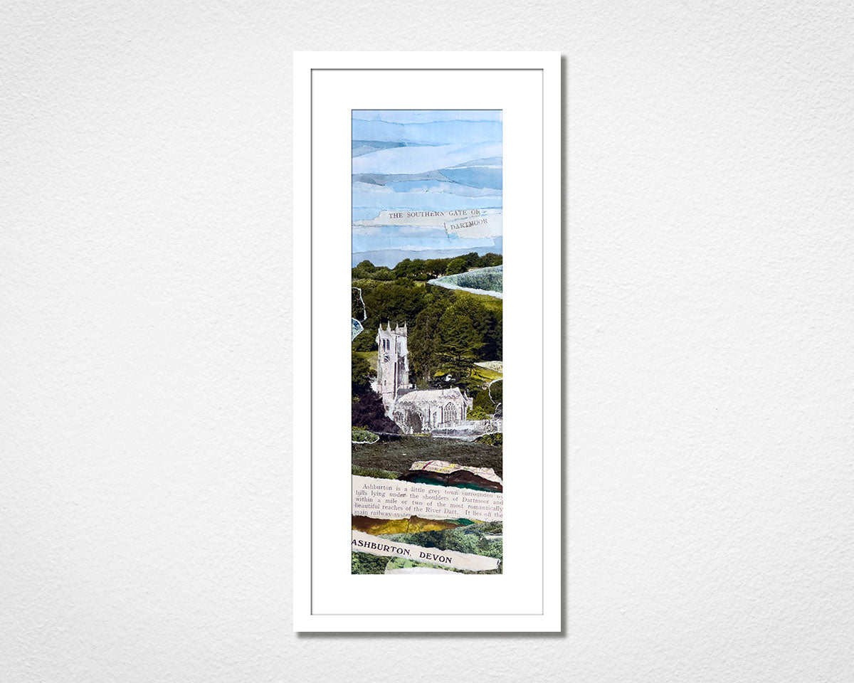 Original framed collage of the town of Ashburton, Dartmoor National Park and featuring St Andrew's Church