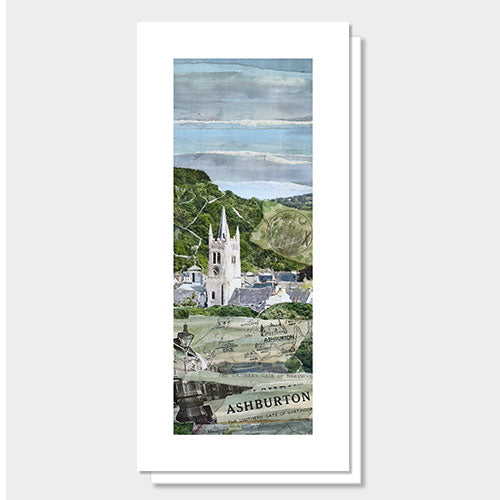 Greetings card of a collage of images featuring a church tower and landscape with 'Ashburton' text.