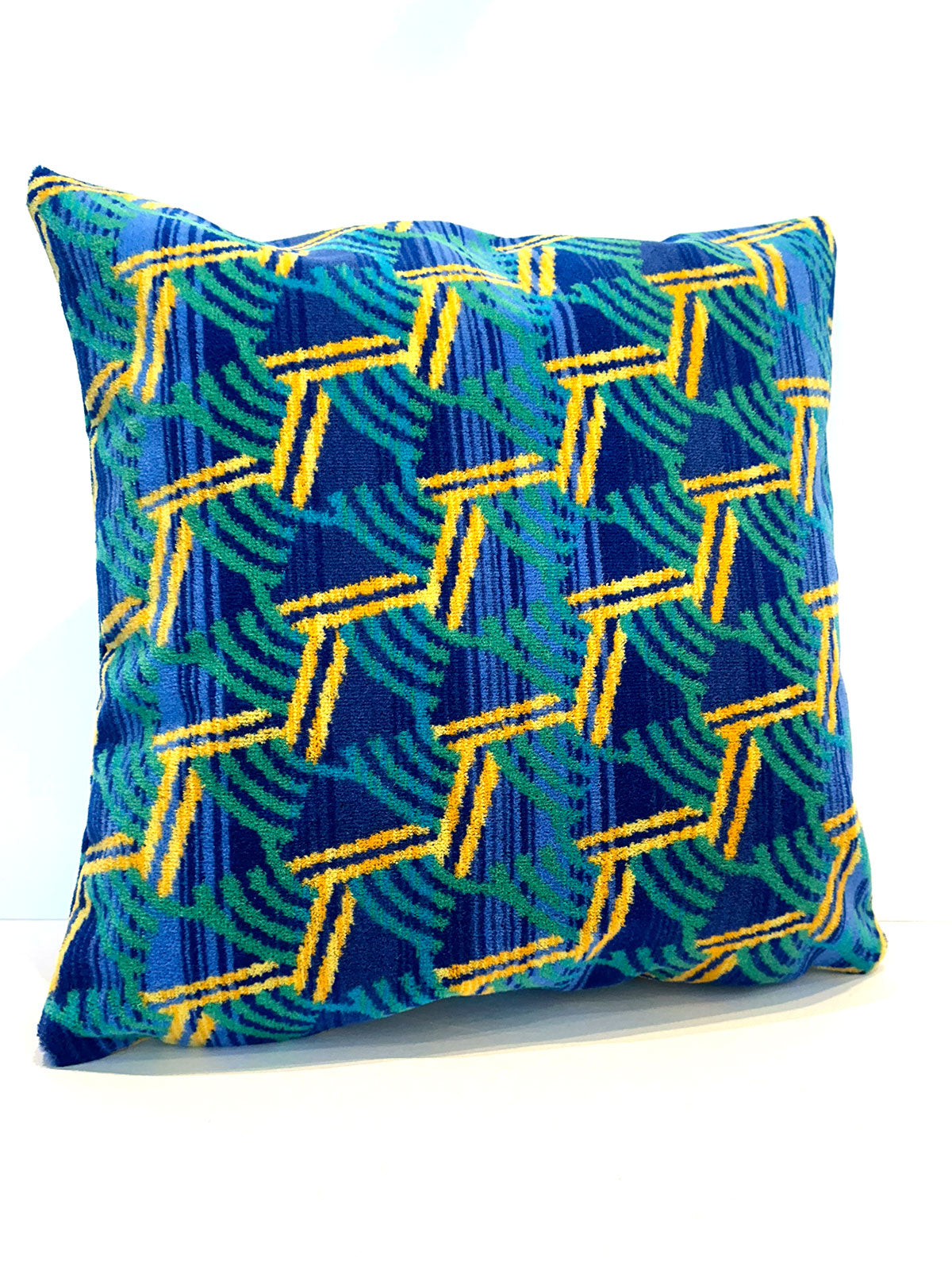 Moquette cushion - Blue with green and yellow shapes