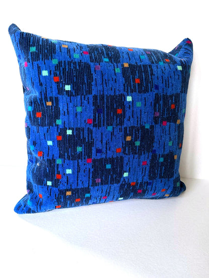 Handmade Moquette Cushion - Blue with coloured squares