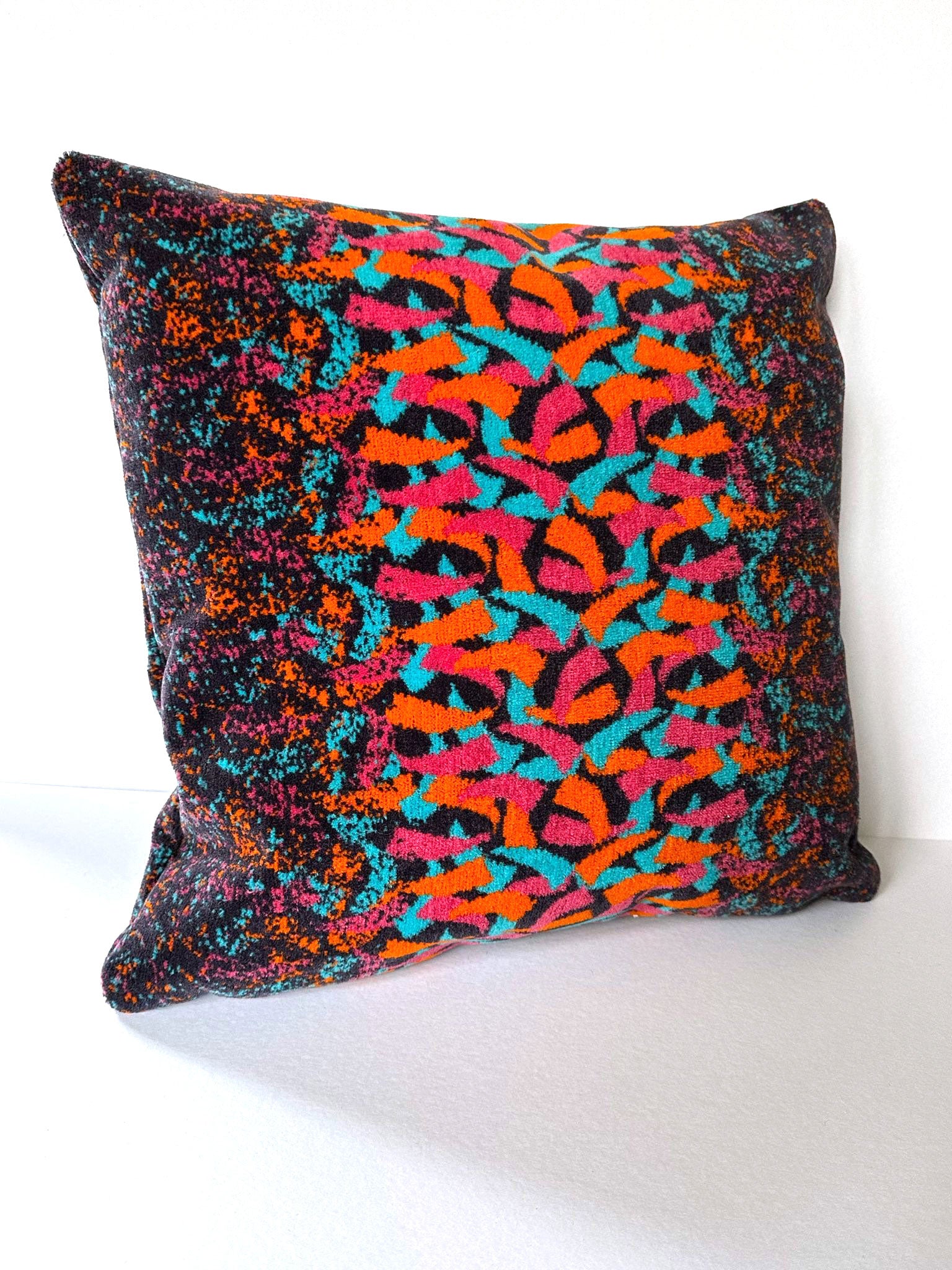 Handmade Moquette Cushion - Salmon and teal