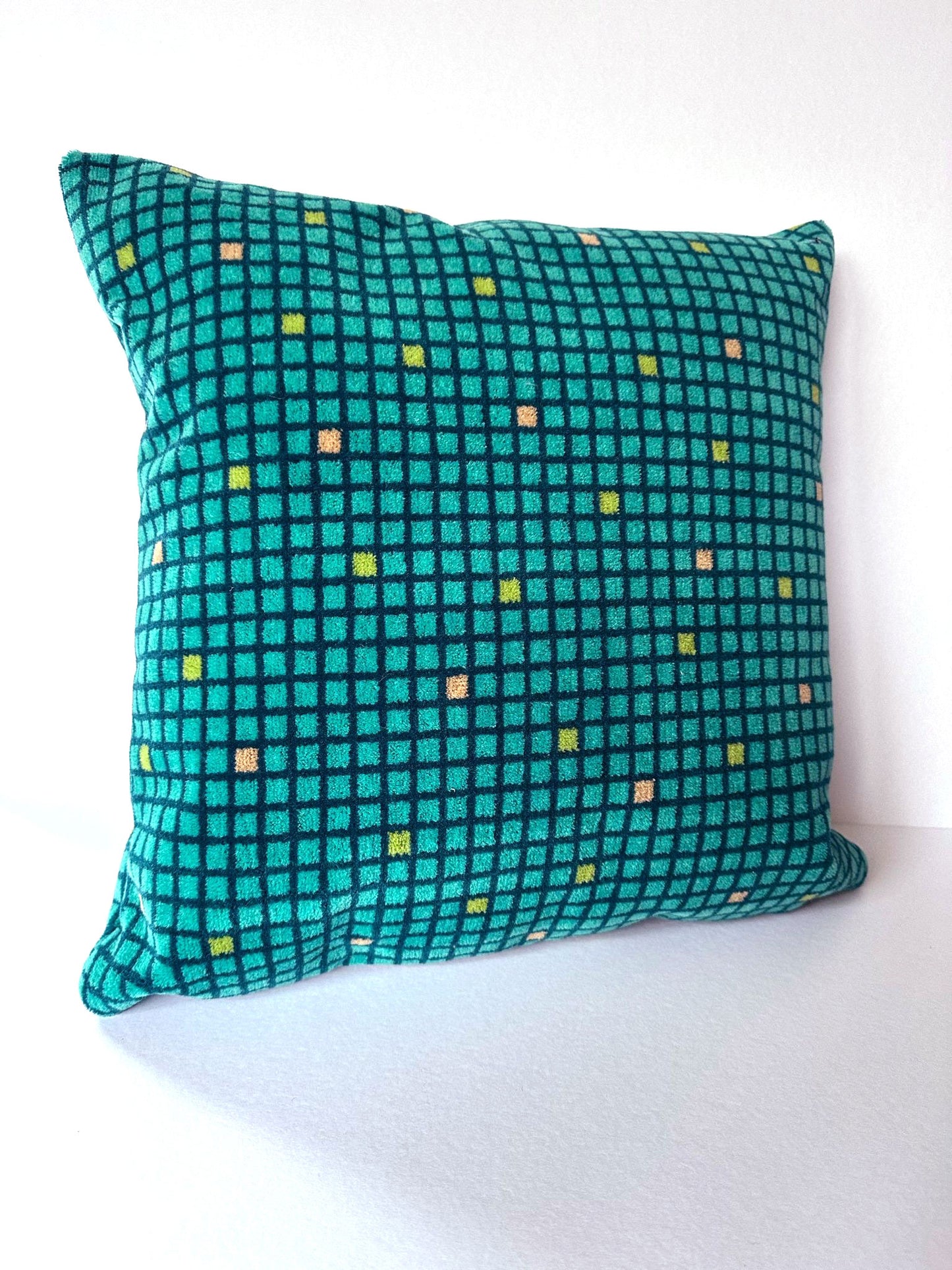 Handmade Moquette Cushion - Turquoise with squares