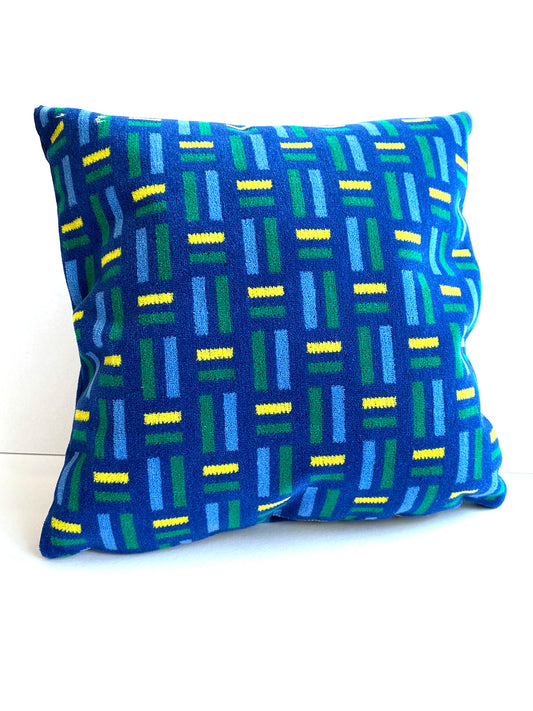 Moquette blue cushion with green and yellow rectangles