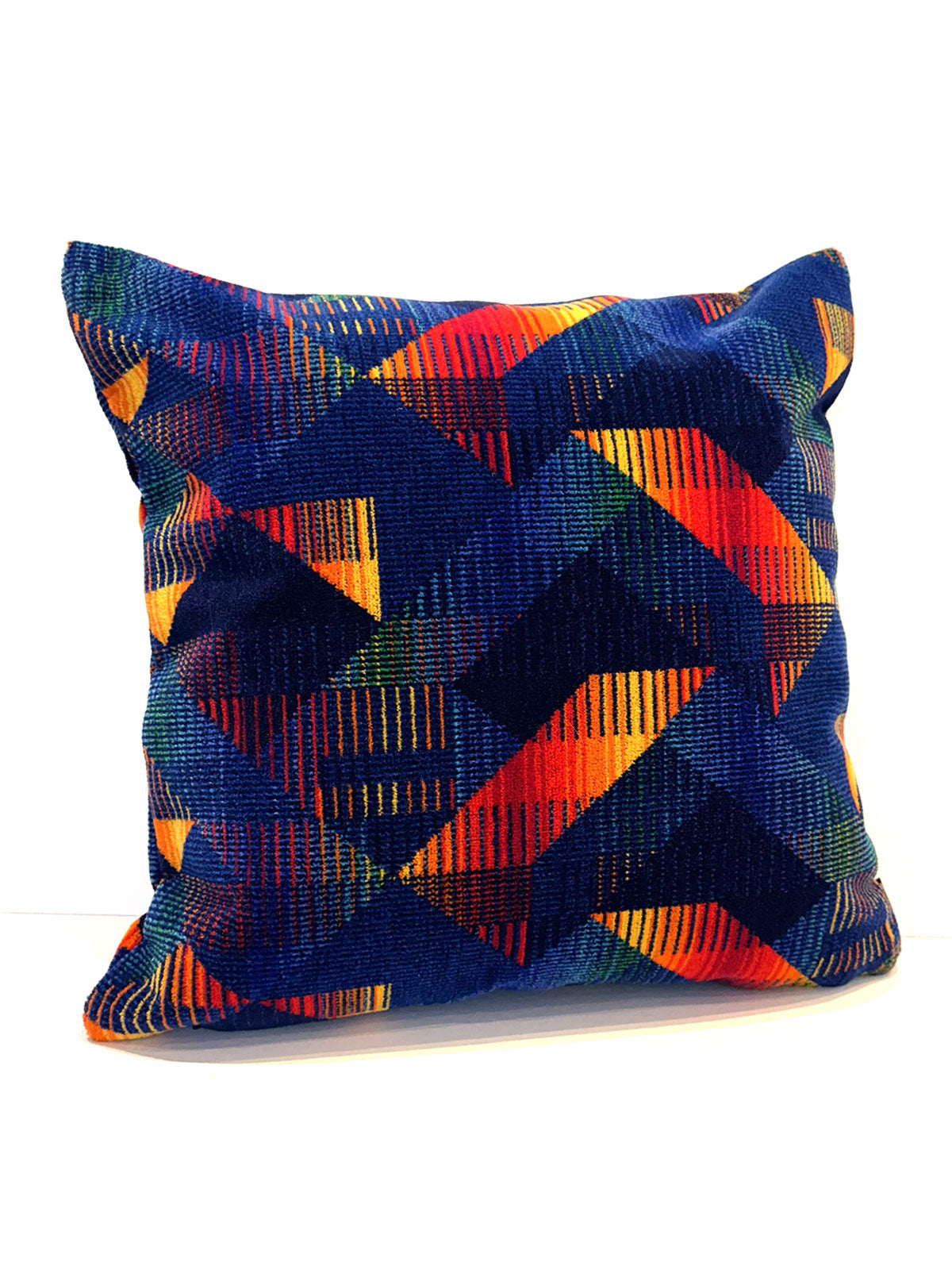 Blue moquette cushion with red and yellow geometrics