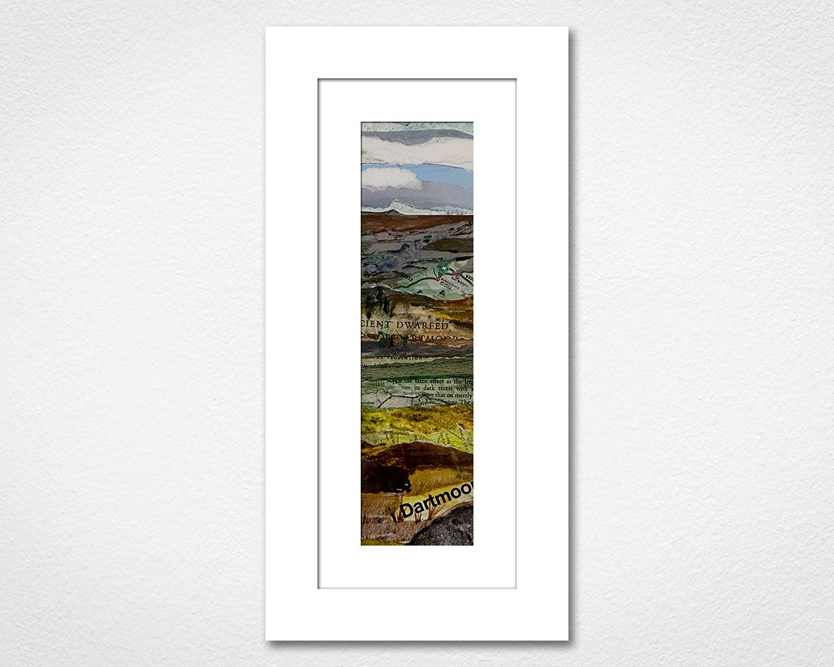 Framed landscape collage of Dartmoor National Park in Devon with greenery and blue sky.
