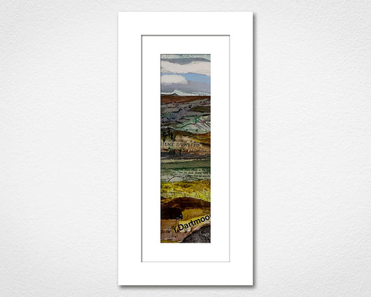 Framed landscape collage of Dartmoor National Park in Devon with greenery and blue sky.