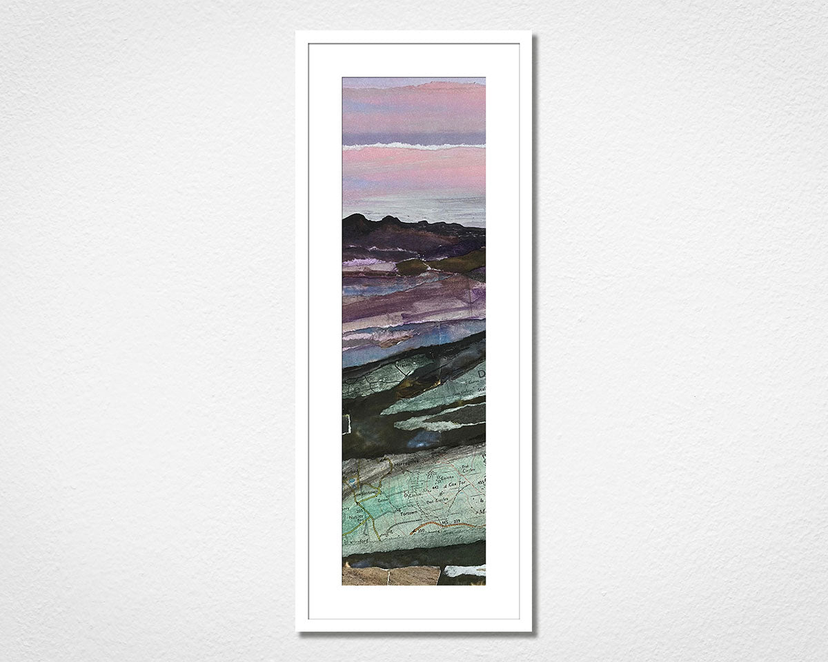 Framed landscape collage of Dartmoor National Park in Devon on a white wall. 