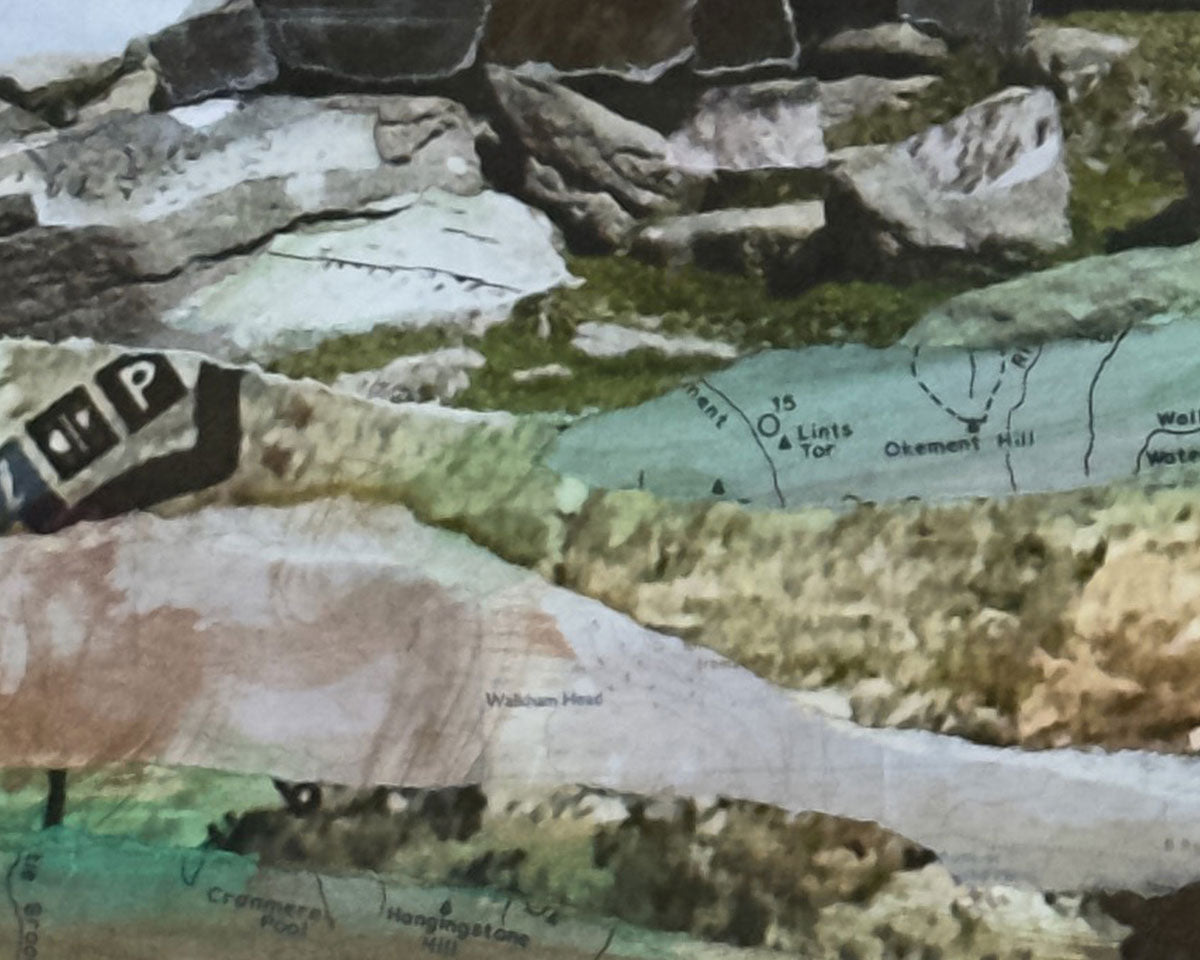 Detail of an original landscape collage of Hangershell Rock in Dartmoor National Park in Devon.