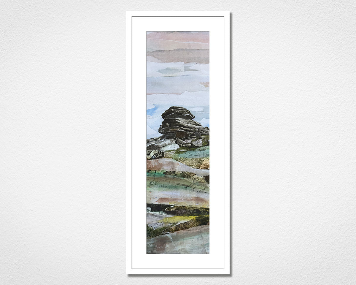 Original landscape collage of Hangershell Rock in Dartmoor National Park in Devon in a white frame on a white wall