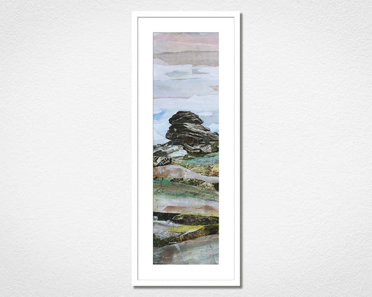 Original landscape collage of Hangershell Rock in Dartmoor National Park in Devon in a white frame on a white wall