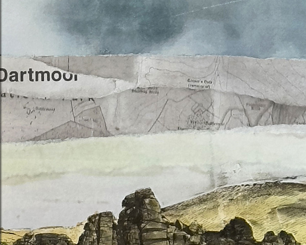 Detail of an original landscape collage inspired by Dartmoor National Park in Devon.