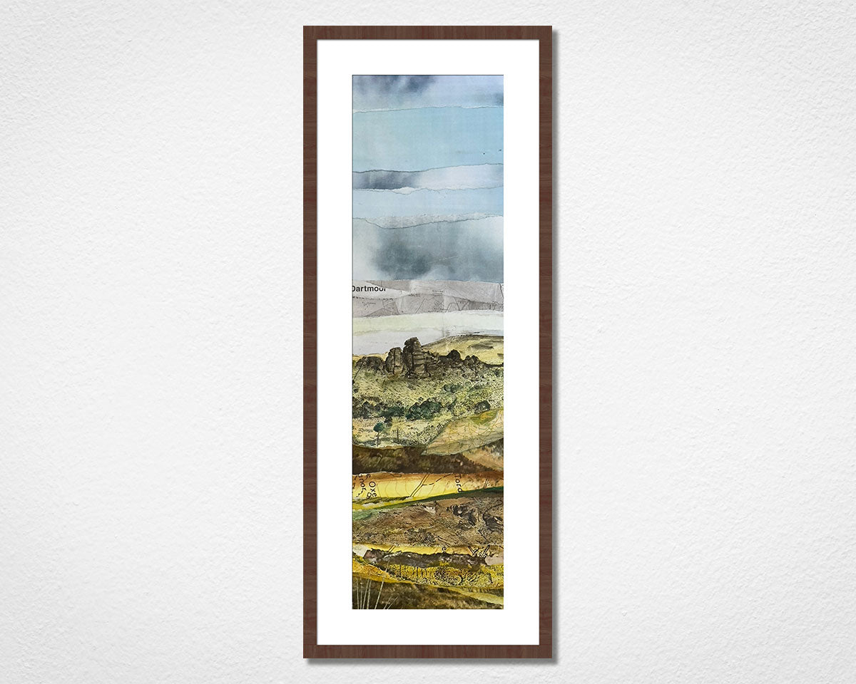 Original landscape collage inspired by Dartmoor National Park in Devon in a walnut frame on a white wall