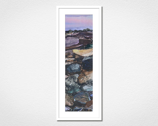 Framed landscape collage of Dartmoor National Park in Devon on a white wall. 