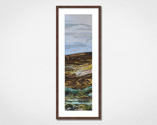 Original landscape collage inspired by Dartmoor National Park in Devon in a walnut frame on a white wall