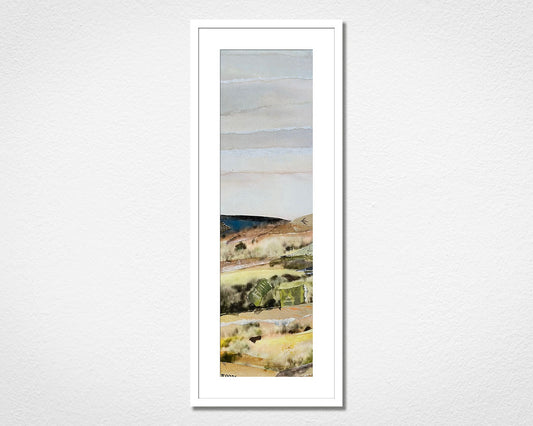Framed landscape collage of Dartmoor National Park in Devon on a white wall. 