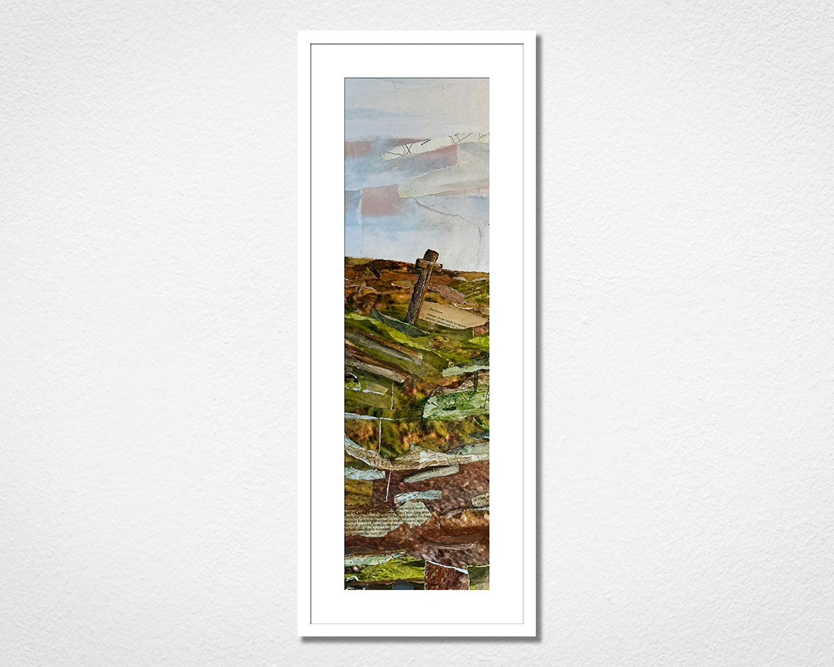 Framed landscape collage of Dartmoor National Park in Devon on a white wall. 
