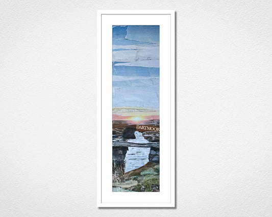 Framed landscape collage of Dartmoor National Park in Devon on a white wall. 